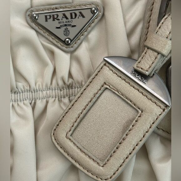 Prada Beige Gaufre Tessuto Nylon Handbag Braided Leather Handles - Picture 8 of 11